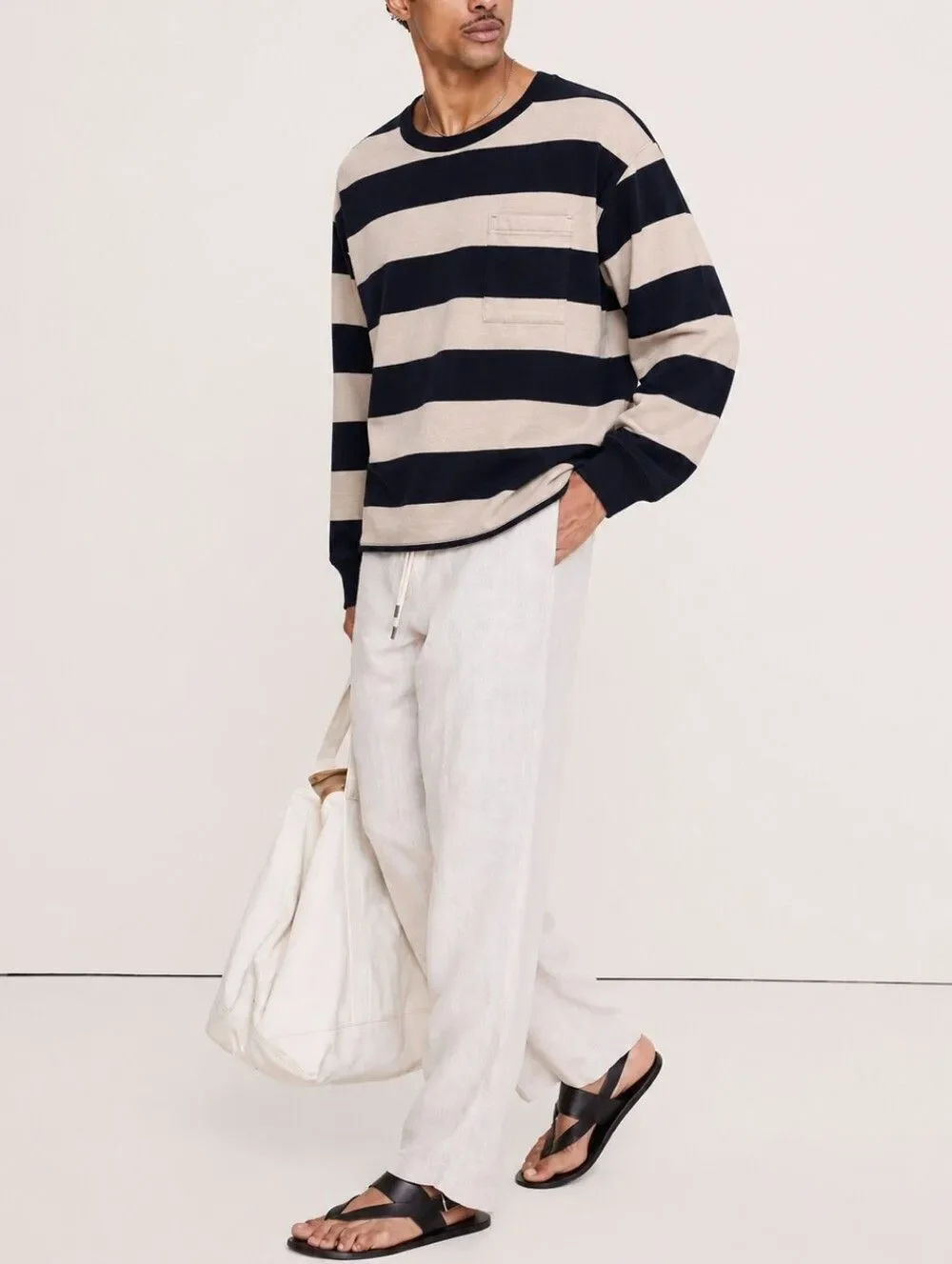 Banana Republic Men's Heavy Jersey Navy Preppy Stripe Boxy Pullover Shirt